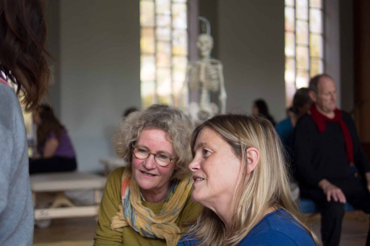 Mehrere Personen sitzen in einem Raum während eines Workshops. Sie sind in Gespräche vertieft. Im Hintergrund steht ein Skelettmodell, was auf einen anatomischen oder medizinischen Kontext hinweist.